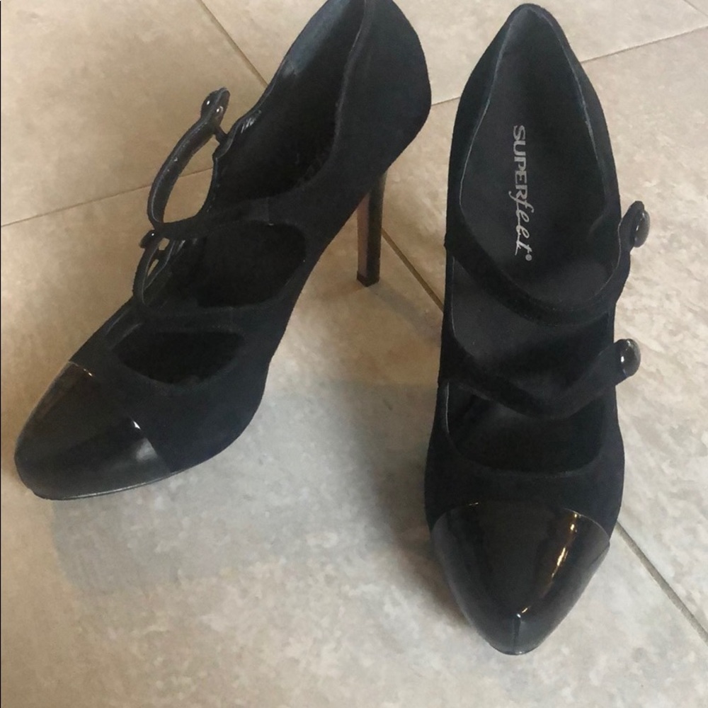 Black suede close toe heels